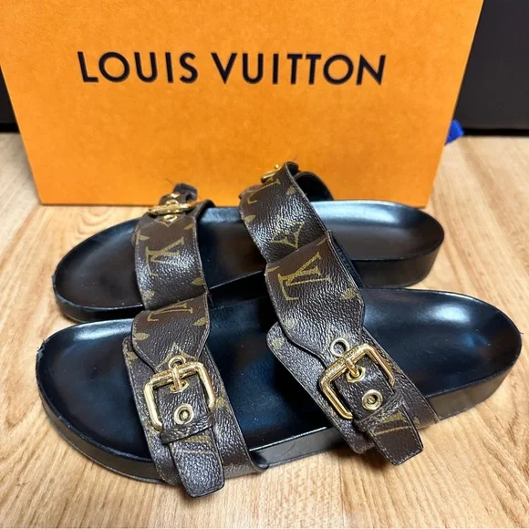 LOUIS VUITTON BOM DIA FLAT SLIDES SLIP ON MONOGRAM BIRKENSTOCK BROWN GOLD - Main Image